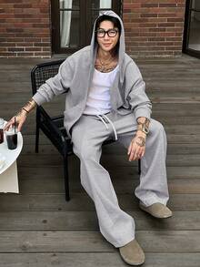 DAZY Conjunto de chaqueta y pantalones grises lisos para hombre, para otoño/invierno, atuendos acogedores