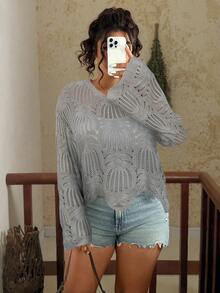 Travachic Plus Size Women Fashion Hollow Out Round Neck Loose Casual Sweater/Winter - Light Grey - View 4