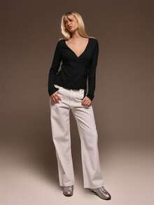 MUSERA 罗纹针织裹身交叉芭蕾舞蝴蝶结侧边开衫，可爱浪漫，适合周日、机场度假、春夏等各种场合。 - 黑色 - 查看 5