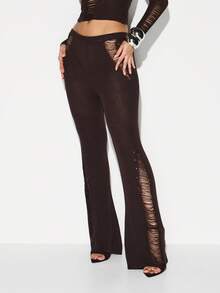 KIZN 做旧罗纹针织喇叭裤，带有梯形镂空细节，适合节日服装 - 棕色 - 查看 1