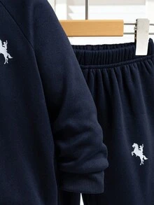 Genkimix Kids 秋冬款小男孩休闲骑士印花卫衣和运动裤套装 - 藏蓝色 - 查看 6