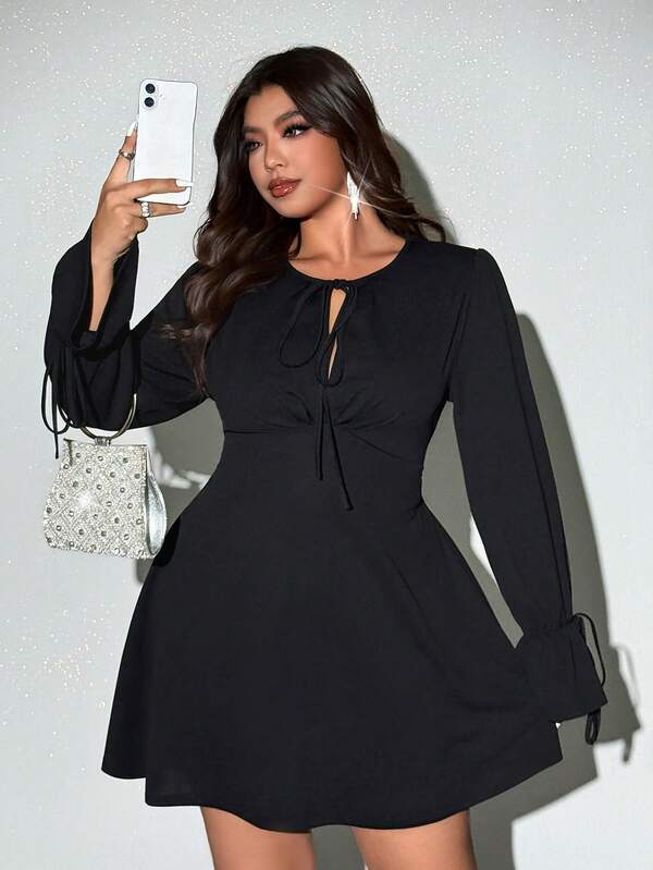 Viva Relle Slim Fit Lace-Up Long Sleeve Plus Size Dress, European And American Sexy Style