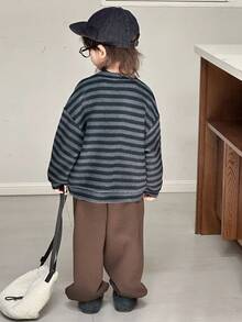 DAZY 小男孩条纹落肩长袖单排扣夹克和裤子休闲套装，秋冬 - 深灰色 - 查看 5