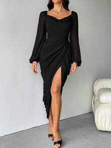 SHEIN Tall Women's Plus Size Elegant Party Date Sexy Glitter Sequins Draped Neck Ruched Asymmetrical Hem Slit Dress With Long Sleeve, Pea Green - Black - View 9