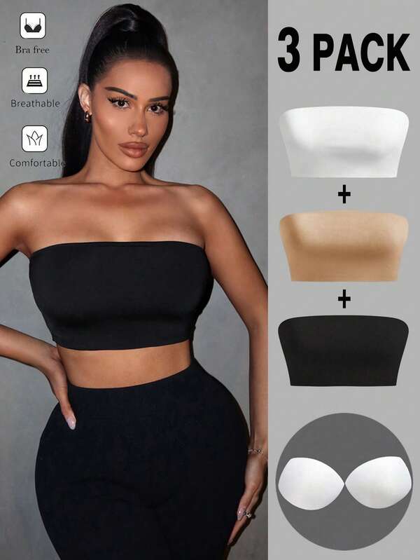 SHEIN SXY 3 PCS Women's Stretch Strapless Casual Versatile Sexy Cropped Tops With Built-In Bra Pads