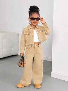 2pcs/Set Young Girl Khaki Denim Lapel Long Sleeve Jacket And Loose Pants,Fall Clothes,Winter Clothing ,Casual And Fashionable Vacation Outfits,2000s Style ,Halloween Denim Jeans ,Christmas - Khaki - View 7