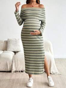 SHEIN 孕妇休闲条纹印花露肩连衣裙 - 綠色 - 查看 7