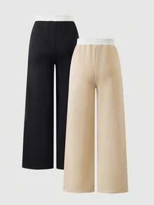 SHEIN 2pcs Tween Girls Casual All-Match Versatile Street Pocket Loose Wide Leg Contrast Color Waistband Design Sweatpants, Autumn/Winter - Multicolor - View 2