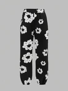 SHEIN 少女宽松黑白印花连帽衫，带口袋和运动裤套装，秋冬连帽衫套装 - 黑與白 - 查看 5