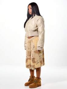 SUMWON WOMEN Oversized Faux Leather Bomber Jacket With Ribbed Trim And Cropped Silhouette For Fall Winter Layering