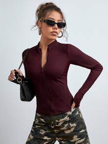 SHEIN EZwear Women's Y2K Style Zip-Up Thumb Hole Burgundy Sweatshirt, Autumn/Winter - Burgundy - View 3