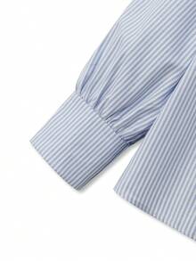 Shutterstock Y2Kool Women's Blue And White Striped Collared Oversized Grunge-Style Y2K Text And Flame Hand-Painted Print Casual Shirt Graphic Print Shirt Graffiti Print Shirt Long Sleeve Shirt Stylish Collection New Year Gyaru Cotton - Baby Blue - View 5