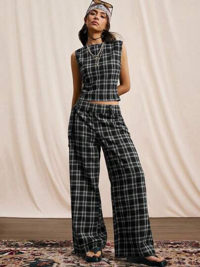 Easelle Vintage Nomadic Plaid Sleeveless Crop Top With Metal Belt & Wide Leg Pants Women 2-Piece Set Plaid Pants Tall Two Piece Set Two Piece Set Plaid Two Piece Set Coords Sets Women