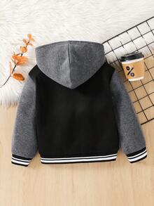 SHEIN Young Boys Casual Patchwork Color Block Thick Hooded Jacket, Suitable For School, Garden, Birthday, Fall, Winter Season, Halloween, Vintage - Grey - View 2