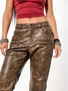 SUMWON WOMEN Faux Suede Low Rise Flare Trousers With Zipper Details For Festival Vintage Style - Brown - View 7
