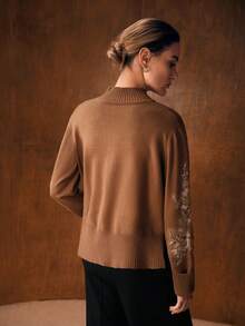MOTF PREMIUM SEQUIN FLORAL EMBROIDERED TURTLENECK SWEATER, AUTUMN/WINTER - Camel - View 4