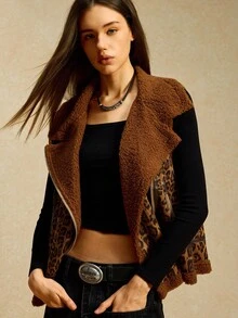 Easelle Chaqueta sin mangas con cremallera y forro térmico con estampado de leopardo, ropa de otoño e invierno para mujeres - Multicolor - Ver 5