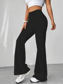 Flirla Women Solid Color Simple Textured Flare Pants Fall Cloth For Women - Black - View 5