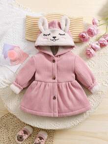 女婴可爱卡通图案法兰绒衬里连帽衫夹克，温暖的冬装 - 粉色 - 查看 7