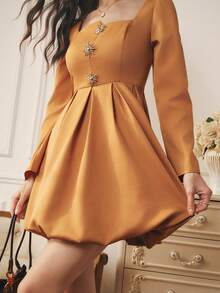 Omancia Women's Asymmetrical Square Neck Short Floral Ruffle Dress, Elegant & Luxurious For Party, Halloween, Thanksgiving, Autumn/Winter, New Year - Brown - View 6