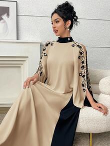 Al Najma 女士优雅派对 3D 花卉刺绣撞色拼接露肩阿拉伯风格连衣裙 - 杏色 - 查看 6