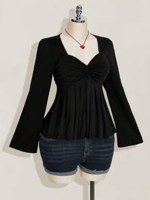 SHEIN ICON 大码女式黑色胸部扭纹针织上衣，娃娃装针织上衣，Y2k 服装，毕业季返校季返校服装秋季服装，女式可爱上衣，娃娃装上衣 - 黑色 - 查看 5