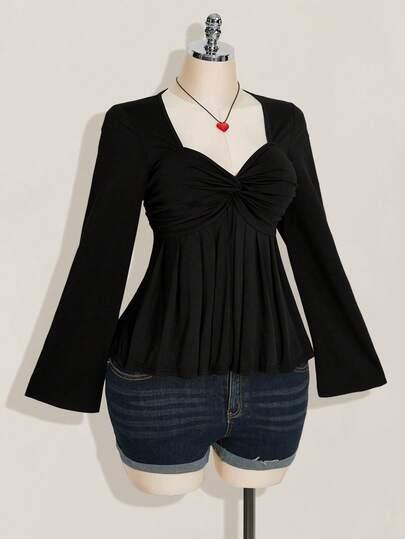 SHEIN ICON 大码女式黑色胸部扭纹针织上衣，娃娃装针织上衣，Y2k 服装，毕业季返校季返校服装秋季服装，女式可爱上衣，娃娃装上衣