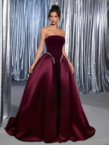 Vowa Váy chữ A xòe siêu dài đính hạt màu trắng sang trọng, phối ren đen thanh lịch, có dây buộc phía sau có thể điều chỉnh, thích hợp cho các buổi hẹn hò, tiệc độc thân, đám cưới, sự kiện, kỳ nghỉ, mùa tựu trường, dạ tiệc trang trọng - Màu Đỏ Sâu - Xem 7