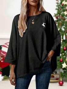 EMERY ROSE Áo thun nữ thêu hình tuần lộc tối giản giản dị cho mùa Giáng sinh, phù hợp cho mùa thu/đông - Nhiều màu - Xem 4