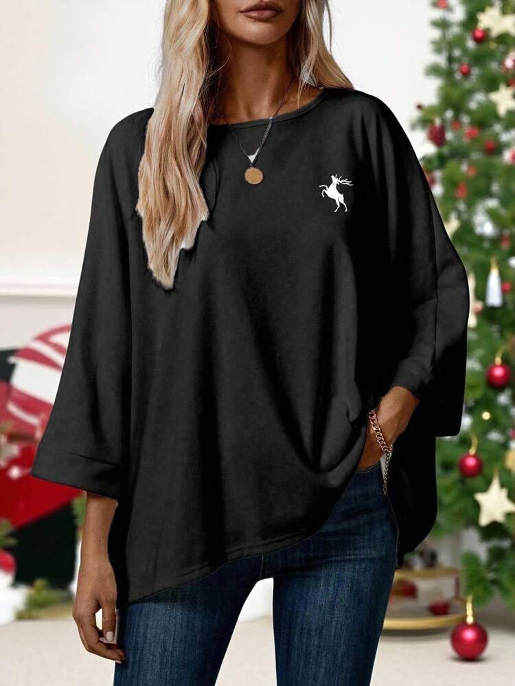 EMERY ROSE 2-Piece Women's Christmas Elk Print T-Shirt Sets,Black N White Autumn Casual Everyday Plus Size Simple Basic Tops For Fall Winter - Multicolor - View 4