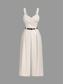 SHEIN MOD Combinaison grande taille style cache-cœur abricot, combinaison avec ceinture décorative, combinaison élégante pour le travail - Nude - Voir 5