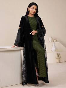 Veilorie Women's Solid Color & Printed Patchwork Abaya, Minimalist Everyday Long Sleeve Abayas Dubai Luxury