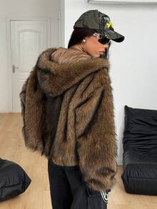 Coolane Women's & Men's Winter Streetwear Party Chic Hippie Casual Vintage Y2K Grunge Cave Fur Zip Up Warm/ Cold Weather/ Thermal Brown Oversized Hooded Fluffy Coat