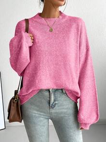 Chiquease Casual French Style Loose Fit Crew Neck Long Sleeve Knit Sweater, Versatile For Autumn/Winter - Hot Pink - View 3