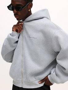 SUMWON 男士短款拉链连帽衫，带抽绳和中央口袋，休闲街头风卫衣外套，纯色 - 灰色 - 查看 4