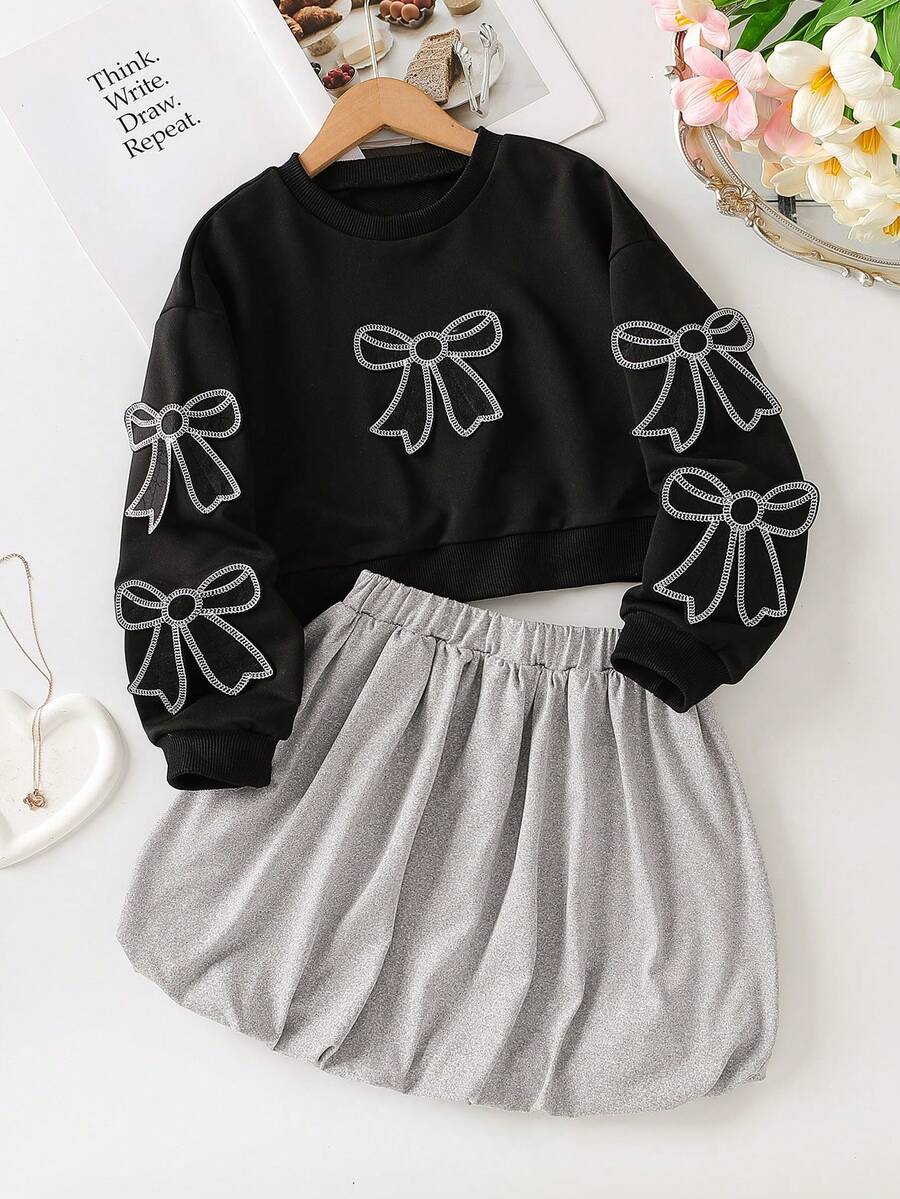 青少年女孩休闲蝴蝶结贴花运动衫和迷你裙套装，秋季 - 黑色 - 查看 1