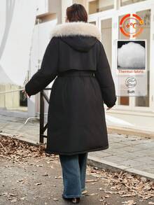 Vionelle Plus Size Long Sleeve Fur Collar Casual Coat With Belt - Black - View 2