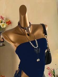 Attitoon Navy Blue Women's Casual Drawstring Tie-Front Cropped Camisole Top - Navy Blue - View 3