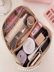 大容量分格化妆包，旅行化妆包，女士大容量化妆包，防水便携开口平铺洗漱包，带隔层和提手，化妆包，旅行洗漱包，大容量收纳包，奢华化妆包，便携式旅行洗漱套装（白色），波西米亚风 - 白色 - 查看 4