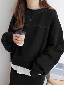 FRIFUL 女士圆领长袖撞色滚边宽松套头衫，休闲日常穿着，秋季服装 - 黑色 - 查看 2