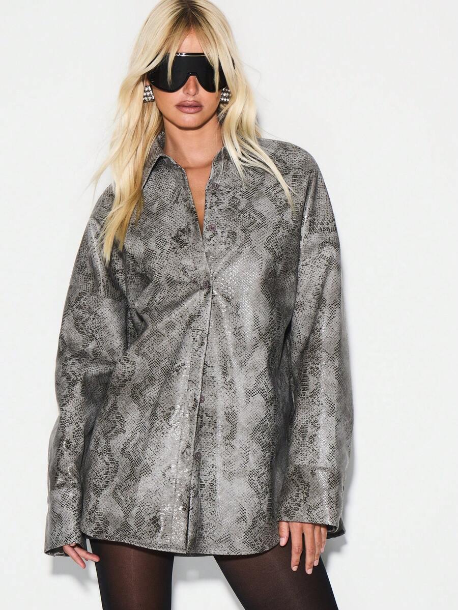 KIZN Snake Print Faux Leather Button Down Oversized Shirt For Fall Winter - Grey - View 1