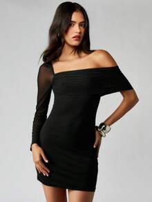 MISSGUIDED Off Shoulder Long Sleeve Bodycon Mini Dress For Evening Party Events - Black - View 5
