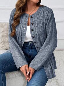 Plus Size Casual Versatile Commuter Cardigan, Autumn Winter - Blue and White - View 3
