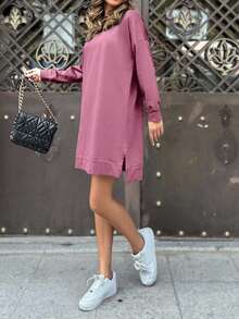 EURMUSE Cotton Solid Drop Shoulder Split Hem Sweatshirt Dress - Baby Pink - View 4