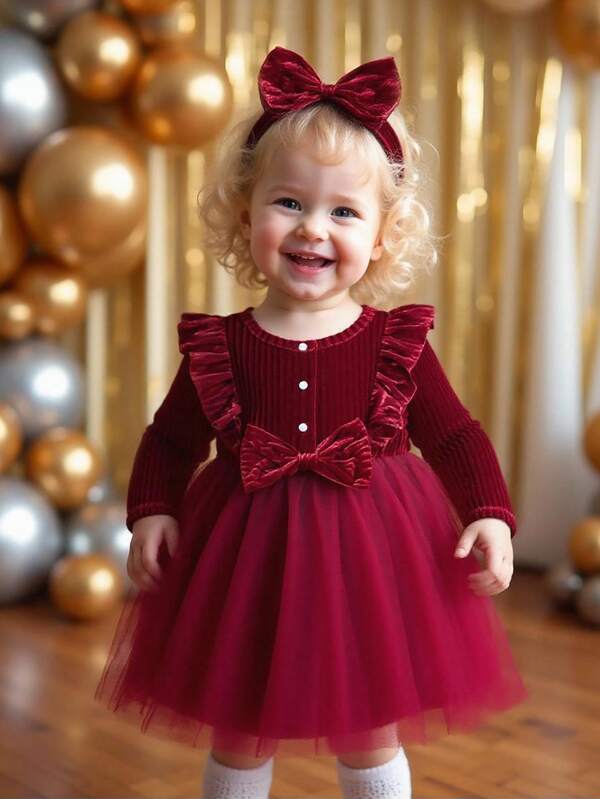 Souflis Souflis Baby/Kleinkind Mädchen Burgunderrotes Samt Rüschen Kragen Schleife Tüll Langarm Kleid, süß & elegant für Lässig, Feiertage, Party