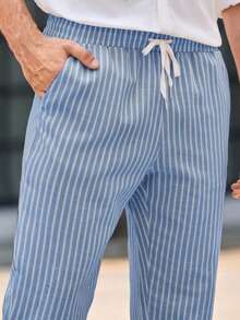 Manfinity VCAY Men's Casual Woven Striped Elastic Waist Cropped Pants - Blue - View 7