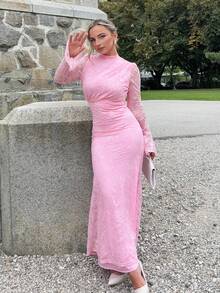 Jeta Ari Vestido de sirena blanco de cintura alta con mangas abullonadas de encaje, elegante y romántico para fiesta de boda, vacaciones, primavera/verano - Rosa - Ver 6