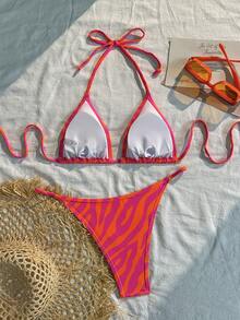 Swim Vcay Summer Beach Zebra Stripe Halter Triangle Bikini Set - Multicolor - View 2