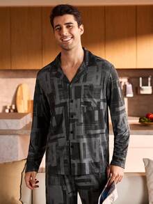 Provexi Provexi Plus Size Men's Button-Up Long Sleeve & Long Pants Pajama Set - Grey - View 4