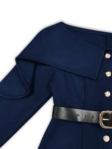 Franclia Áo khoác ngoài ngắn tay dài cổ bèo nhún cho nữ, mùa đông - Màu xanh hải quân - Xem 3